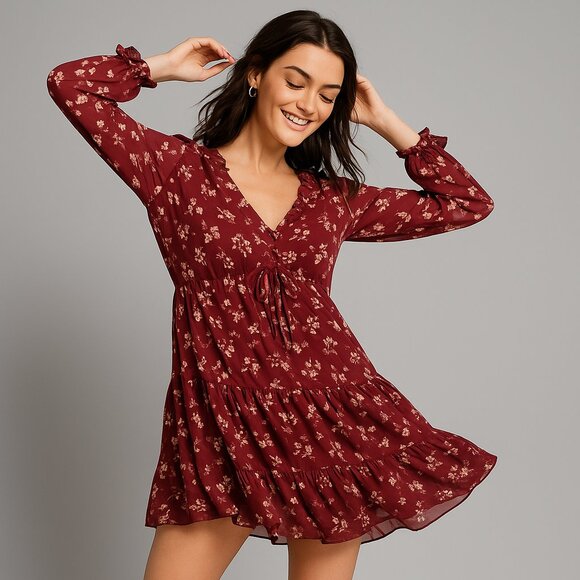 American Eagle Outfitters Dresses & Skirts - American Eagle Maroon Floral Ruffle Tie Waist Dress M Boho Cottagecore